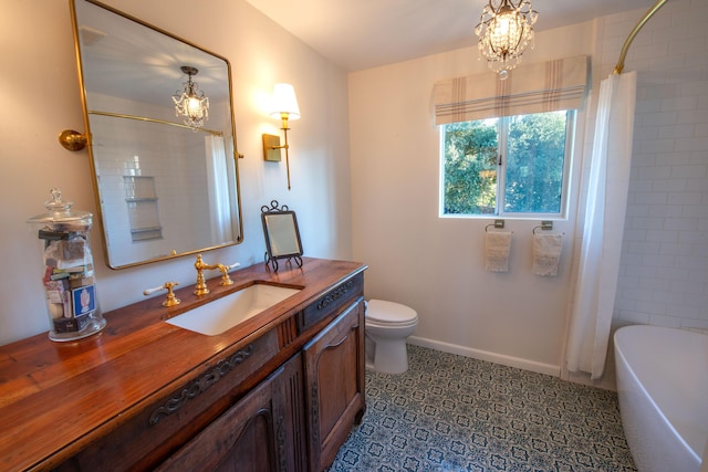 full bathroom with toilet, a chandelier, shower / tub combo, vanity, and tile patterned flooring