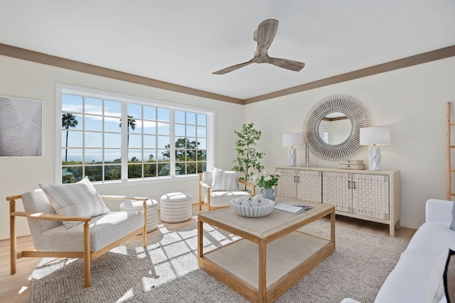 living room with light wood-type flooring and ceiling fan