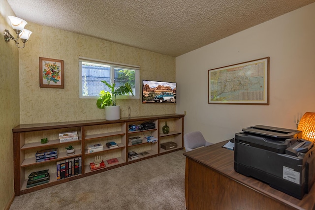 carpeted office space with a textured ceiling