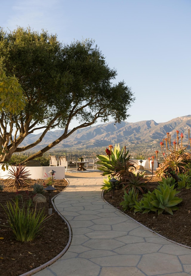 view of patio / terrace with a mountain view