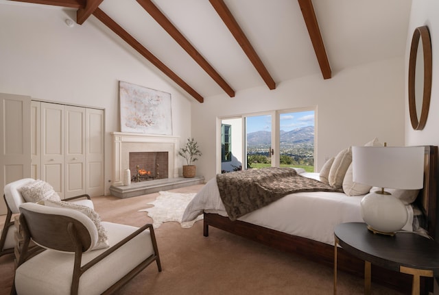 bedroom with a premium fireplace, access to exterior, high vaulted ceiling, light carpet, and a mountain view