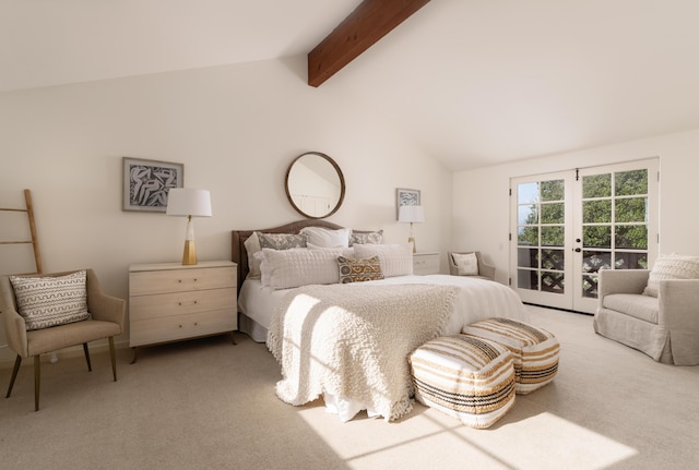 carpeted bedroom featuring vaulted ceiling with beams, access to outside, and french doors