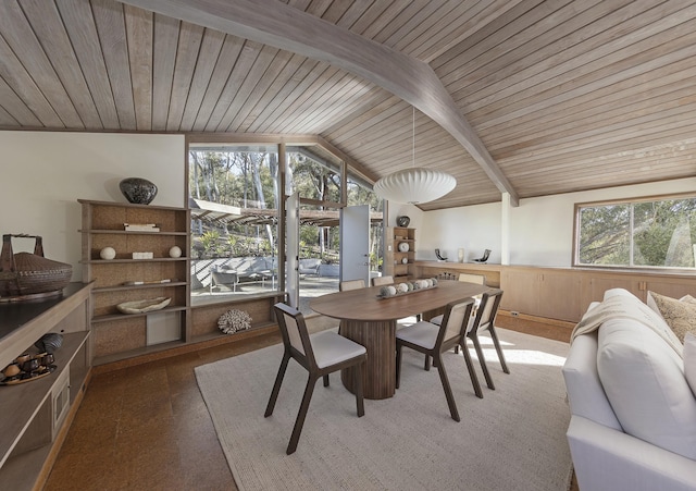 dining room featuring vaulted ceiling with beams and wood ceiling