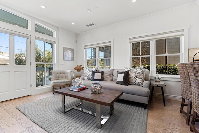 living room featuring crown molding and light hardwood / wood-style floors