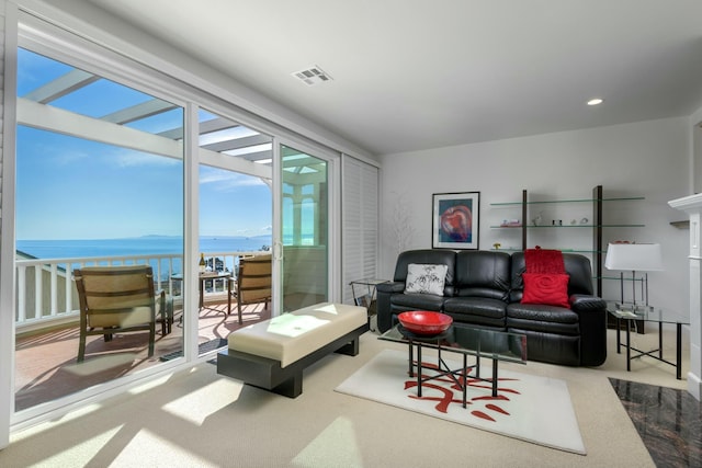 carpeted living room with a water view