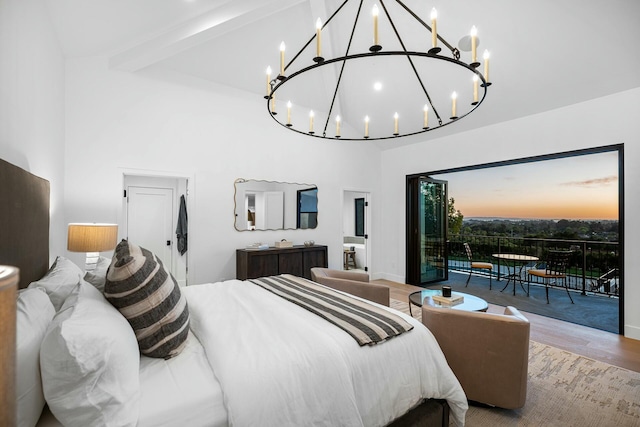 bedroom with hardwood / wood-style flooring, beamed ceiling, high vaulted ceiling, and access to outside