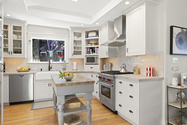 kitchen with appliances with stainless steel finishes, white cabinetry, a raised ceiling, wall chimney exhaust hood, and light wood-type flooring