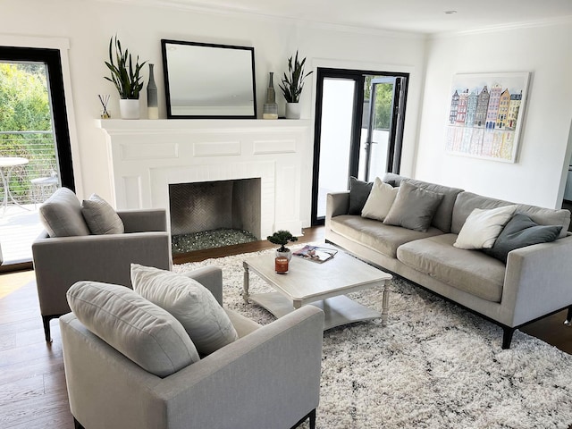 living room with crown molding, a fireplace, and hardwood / wood-style flooring