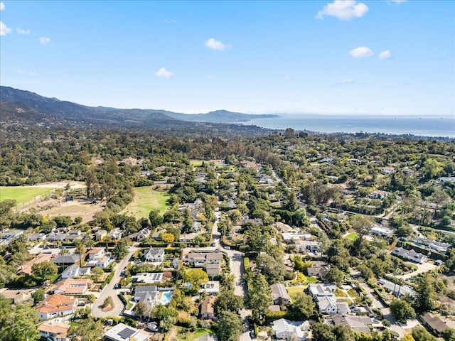 bird's eye view featuring a water and mountain view