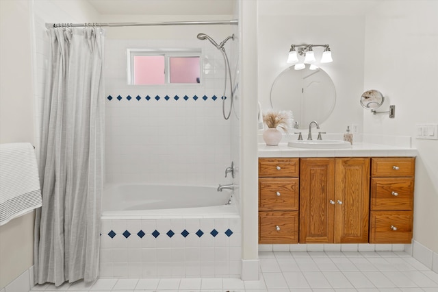 bathroom with tile patterned flooring, vanity, and shower / bathtub combination with curtain