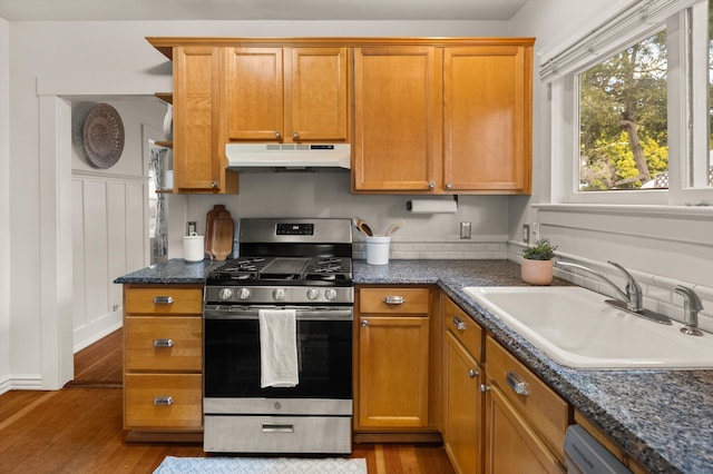 kitchen featuring under cabinet range hood, wood finished floors, a sink, appliances with stainless steel finishes, and dark stone counters