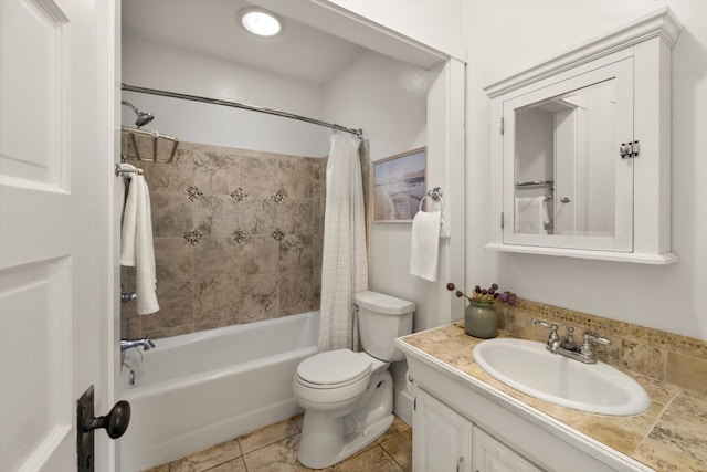 bathroom featuring toilet, shower / bathtub combination with curtain, tile patterned flooring, and vanity