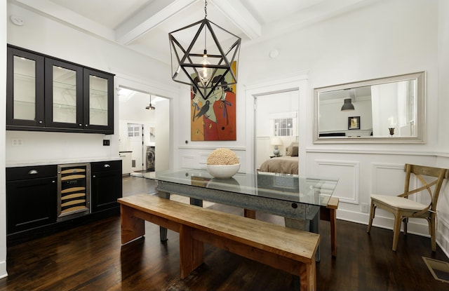 dining space with dark wood-type flooring, beverage cooler, and beamed ceiling