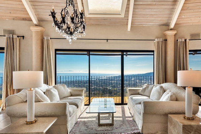 living room featuring a water view, plenty of natural light, and wooden ceiling