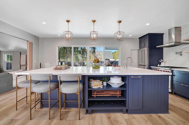 kitchen featuring pendant lighting, ventilation hood, sink, a large island, and stainless steel appliances