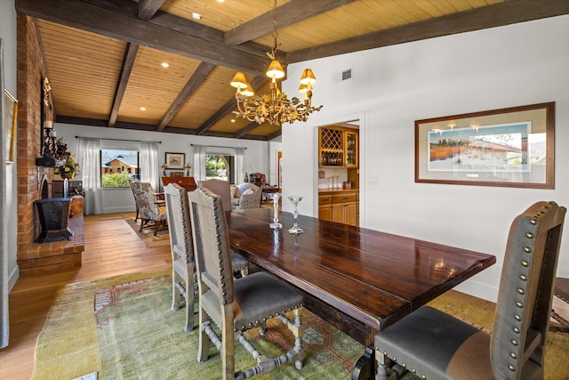 dining space featuring wood ceiling, a notable chandelier, lofted ceiling with beams, and light wood-type flooring