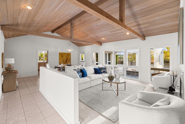 tiled living room with wood ceiling and lofted ceiling with beams