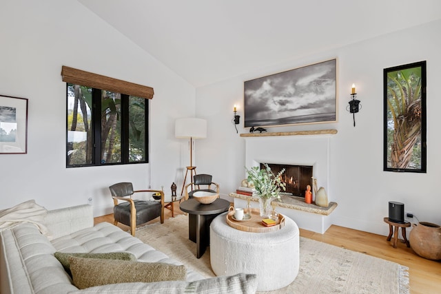 living room featuring vaulted ceiling and wood-type flooring