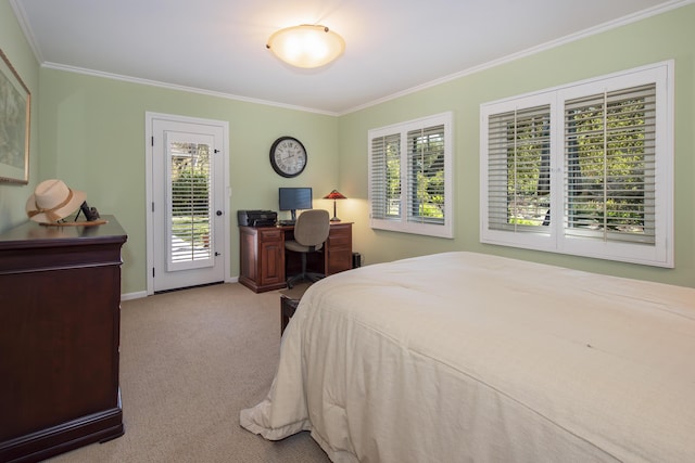 carpeted bedroom featuring ornamental molding and access to exterior