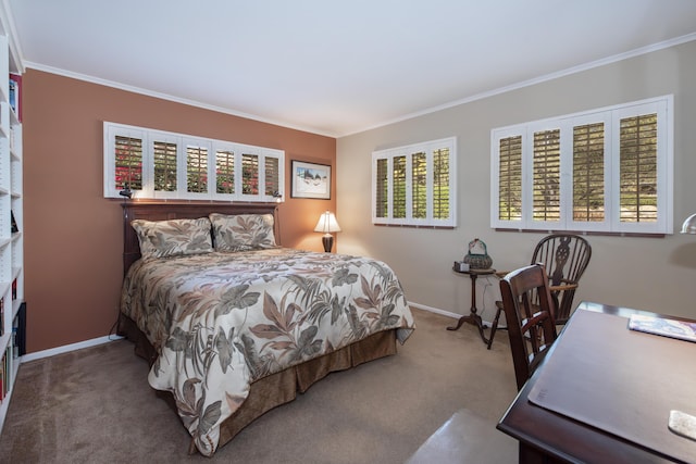 carpeted bedroom with crown molding