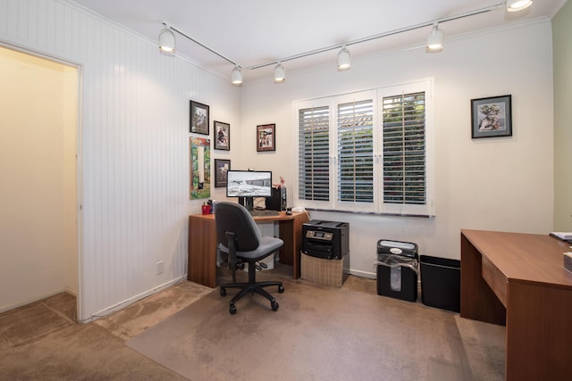 office area featuring light carpet and rail lighting