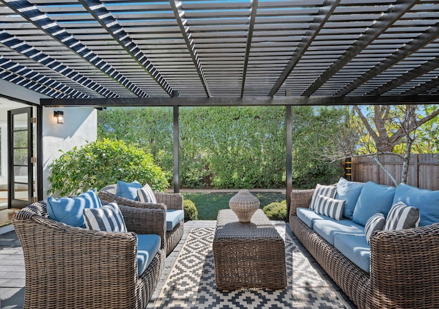 view of patio / terrace featuring outdoor lounge area and a pergola