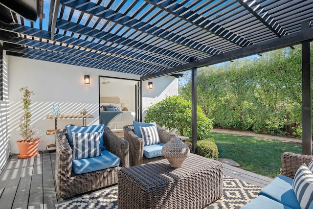 view of patio with outdoor lounge area, a deck, and a pergola