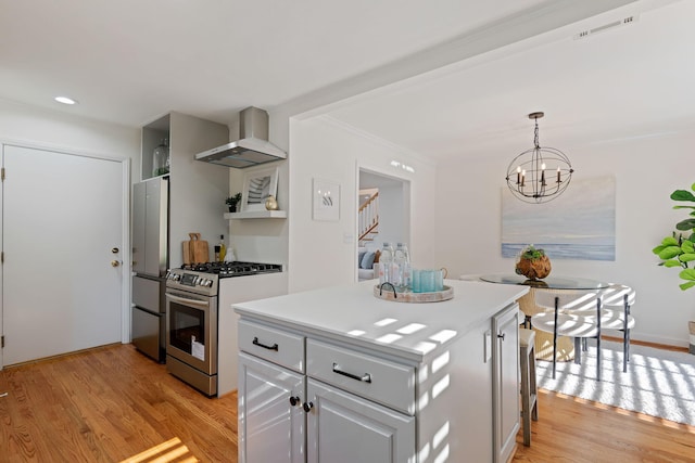 kitchen with wall chimney exhaust hood, decorative light fixtures, light wood-type flooring, a kitchen island, and stainless steel appliances