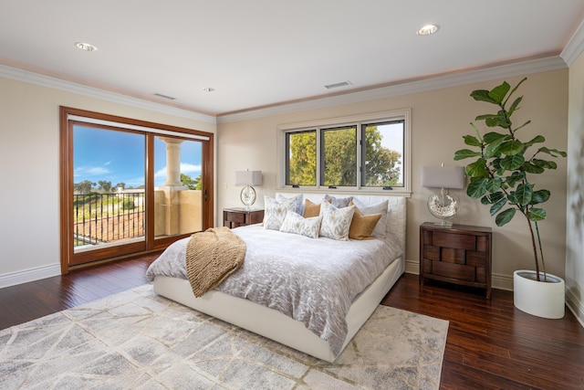 bedroom with hardwood / wood-style flooring, ornamental molding, and access to outside