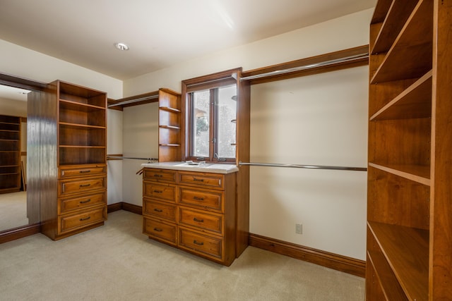 walk in closet with light carpet