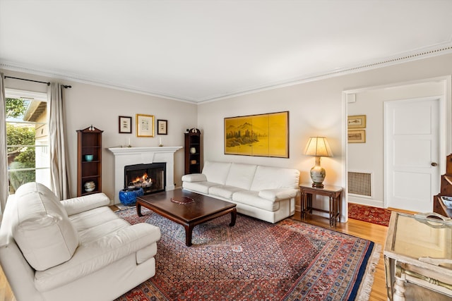 living room featuring crown molding and hardwood / wood-style flooring