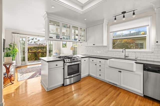 kitchen featuring sink, tasteful backsplash, light hardwood / wood-style flooring, appliances with stainless steel finishes, and white cabinets