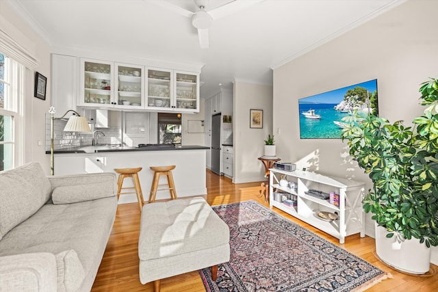 living room with ornamental molding and light wood-type flooring