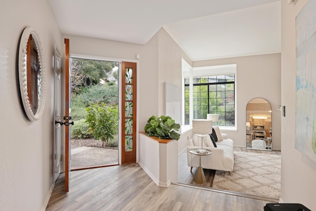 foyer featuring ornamental molding and light wood-type flooring