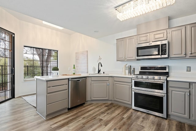 kitchen with appliances with stainless steel finishes, gray cabinets, sink, and hardwood / wood-style floors