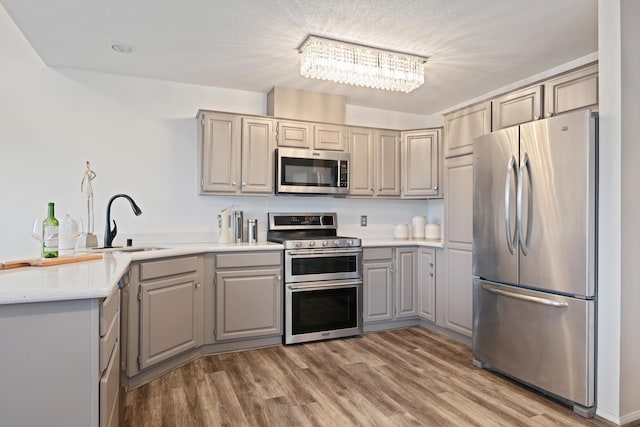 kitchen featuring gray cabinets, appliances with stainless steel finishes, sink, and hardwood / wood-style floors