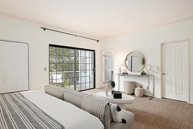 bedroom featuring access to exterior, ornamental molding, and carpet