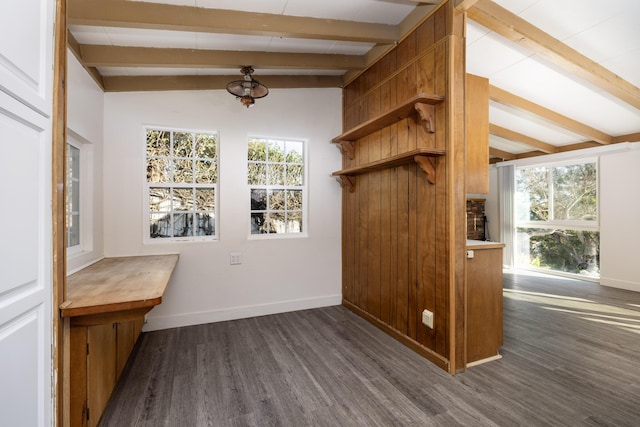 interior space with vaulted ceiling with beams and plenty of natural light