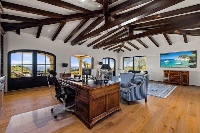 4230 Cresta Ave, Santa Barbara, CA 93110 - office area with vaulted ceiling with beams and light hardwood / wood-style floors