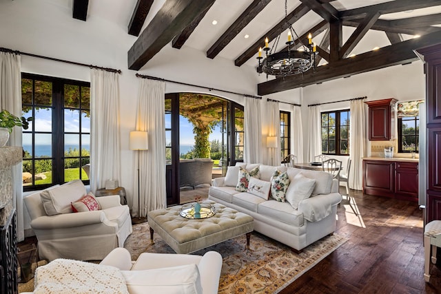 4230 Cresta Ave, Santa Barbara, CA 93110 - living room featuring dark hardwood / wood-style floors, high vaulted ceiling, beamed ceiling, a chandelier, and french doors