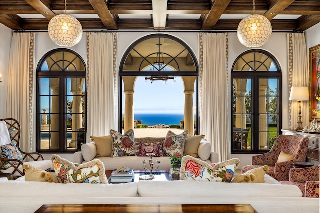 4230 Cresta Ave, Santa Barbara, CA 93110 - interior space with coffered ceiling and a notable chandelier