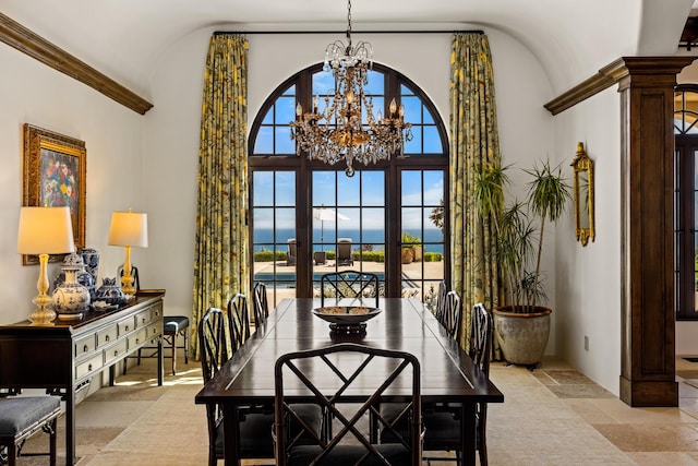 4230 Cresta Ave, Santa Barbara, CA 93110 - dining space with a high ceiling, a water view, a notable chandelier, and ornate columns