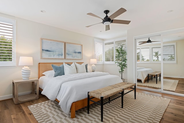 bedroom with multiple windows, light hardwood / wood-style floors, and a closet