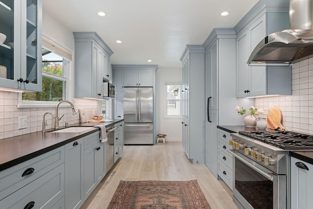 kitchen with wall chimney exhaust hood, sink, high end appliances, plenty of natural light, and light hardwood / wood-style floors