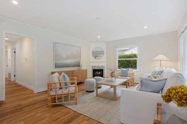 living room featuring crown molding, a fireplace, and light hardwood / wood-style floors