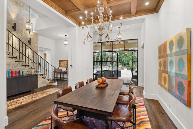 dining room featuring coffered ceiling, dark wood-type flooring, a high ceiling, and an inviting chandelier