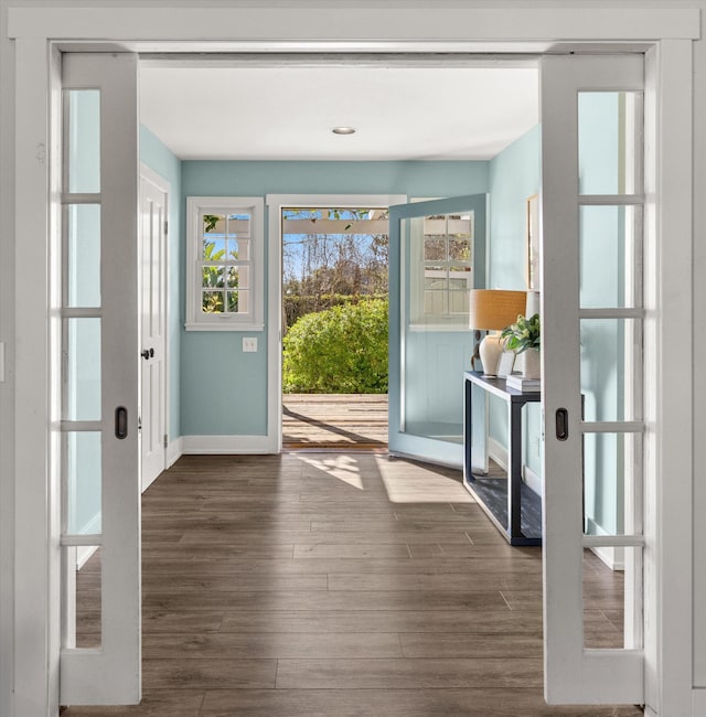 doorway to outside with dark hardwood / wood-style flooring and french doors