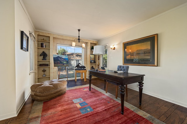 office area featuring crown molding and hardwood / wood-style flooring