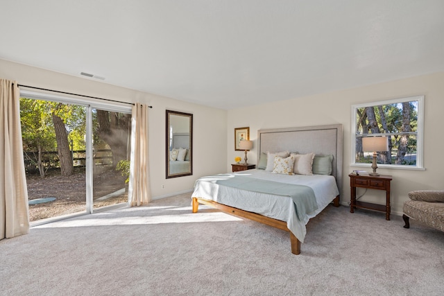 bedroom featuring light carpet, access to exterior, and multiple windows