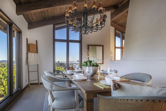 dining room with vaulted ceiling with beams, wood ceiling, wood-type flooring, and a chandelier